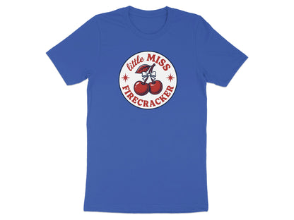 Blue t-shirt with "little miss firecracker" text and cherry graphic.