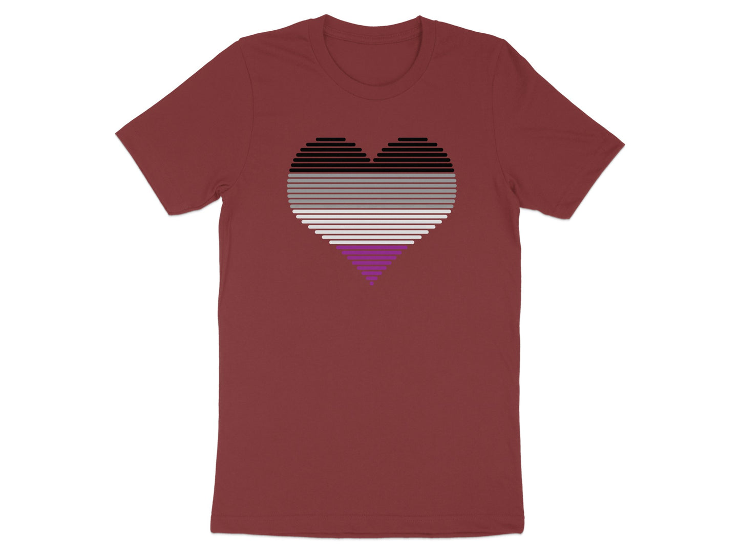 Maroon t-shirt with a stylized gray, black, white, and purple striped heart.