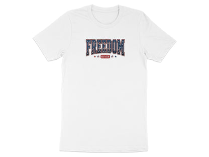 White t-shirt with "FREEDOM" and "EST 1776" text in patriotic colors.