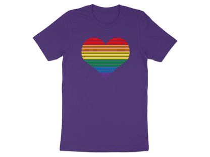 Purple t-shirt with a rainbow striped heart graphic.