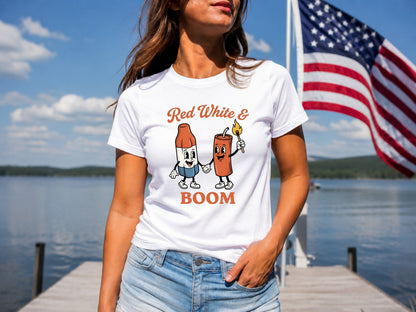 White t-shirt with "Red White & BOOM" graphic featuring cartoon firecracker and bottle.