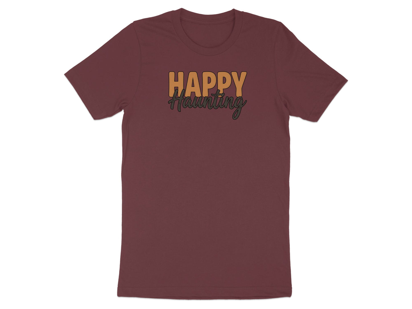 Maroon t-shirt with "Happy Haunting" text in orange and green.
