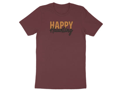 Maroon t-shirt with "Happy Haunting" text in orange and green.