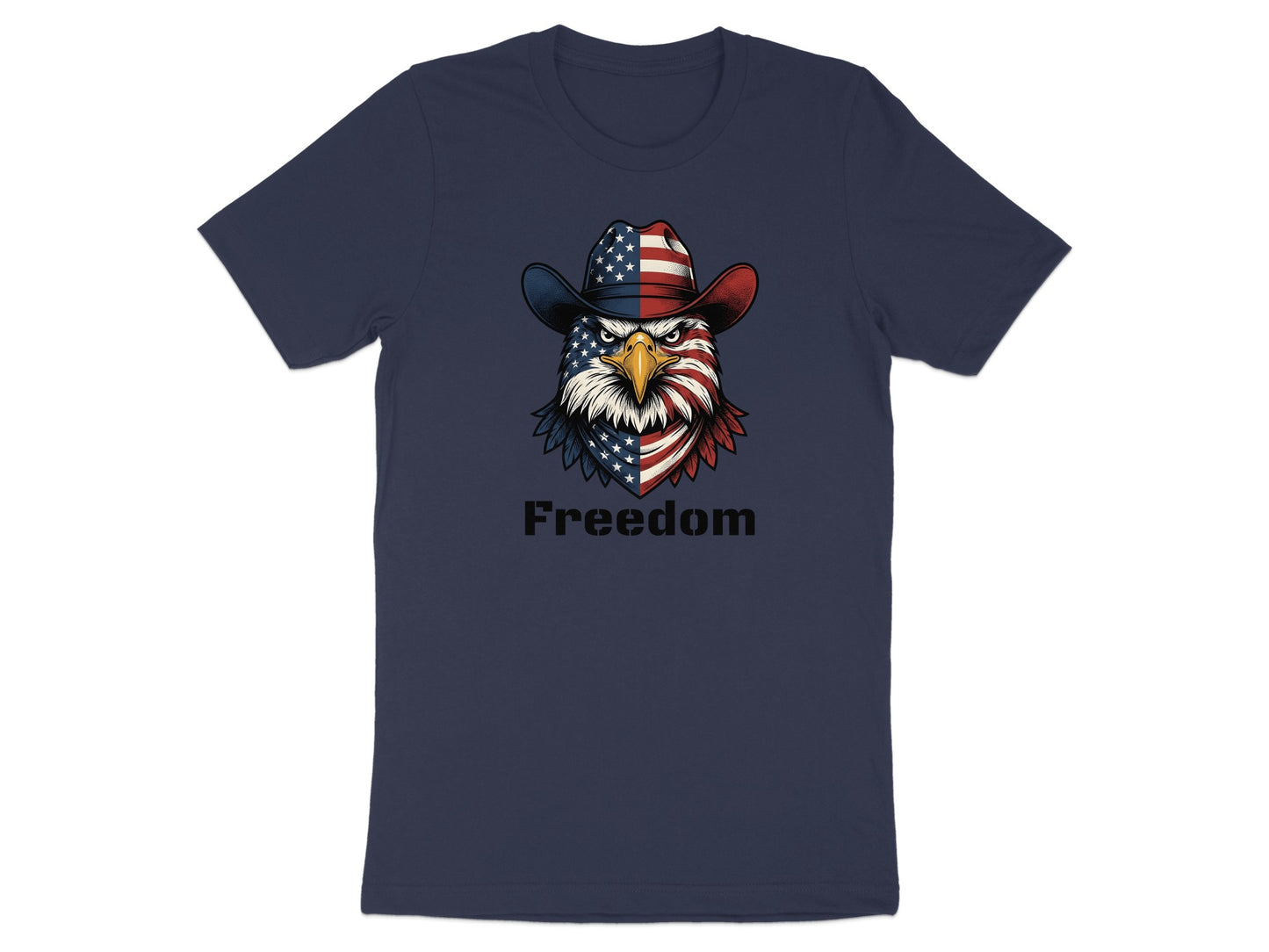 Navy t-shirt with eagle wearing American flag cowboy hat and bandana, text reads Freedom.
