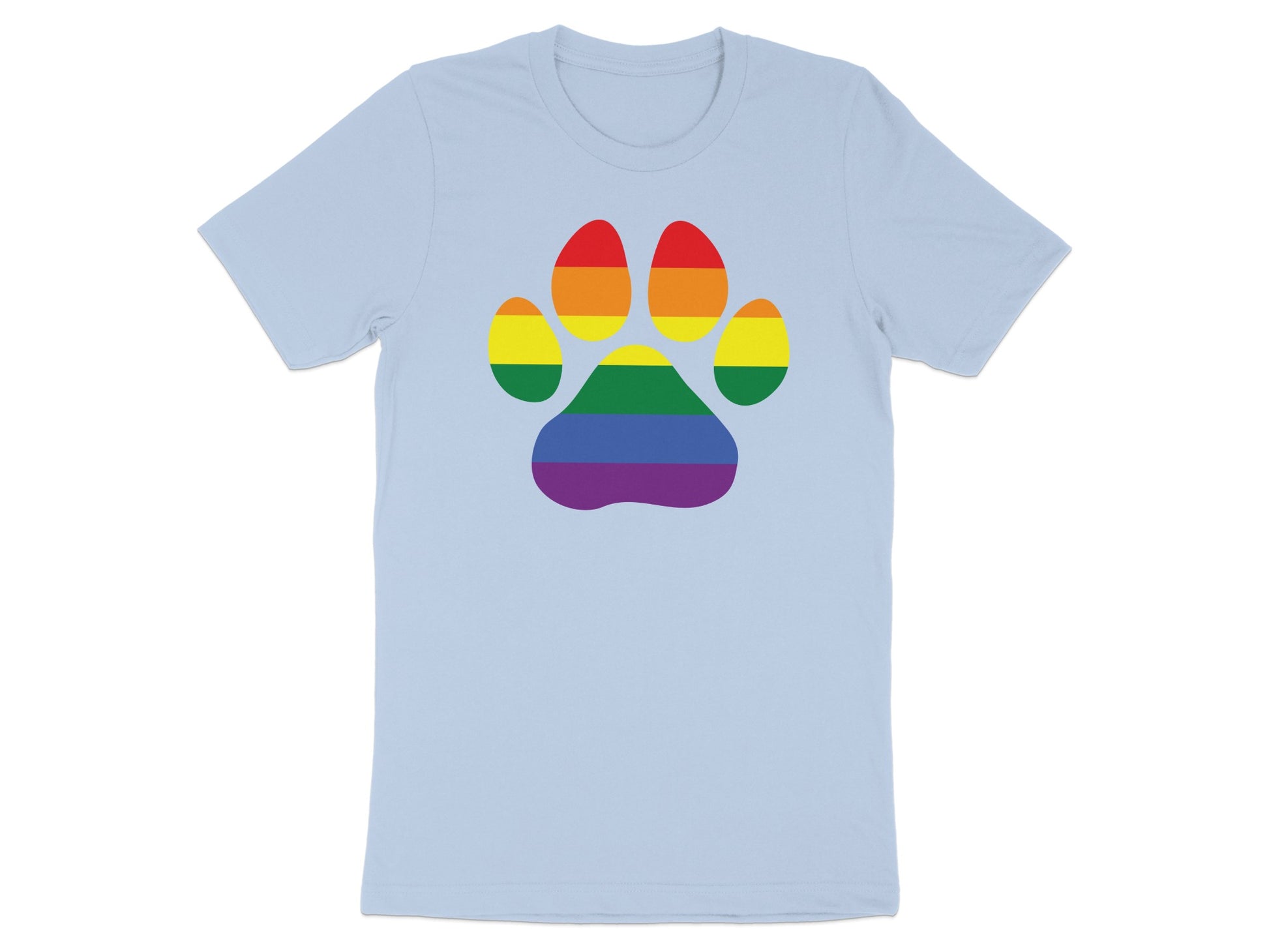 Light blue t-shirt with a rainbow paw print logo.