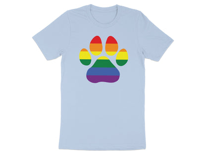 Light blue t-shirt with a rainbow paw print logo.