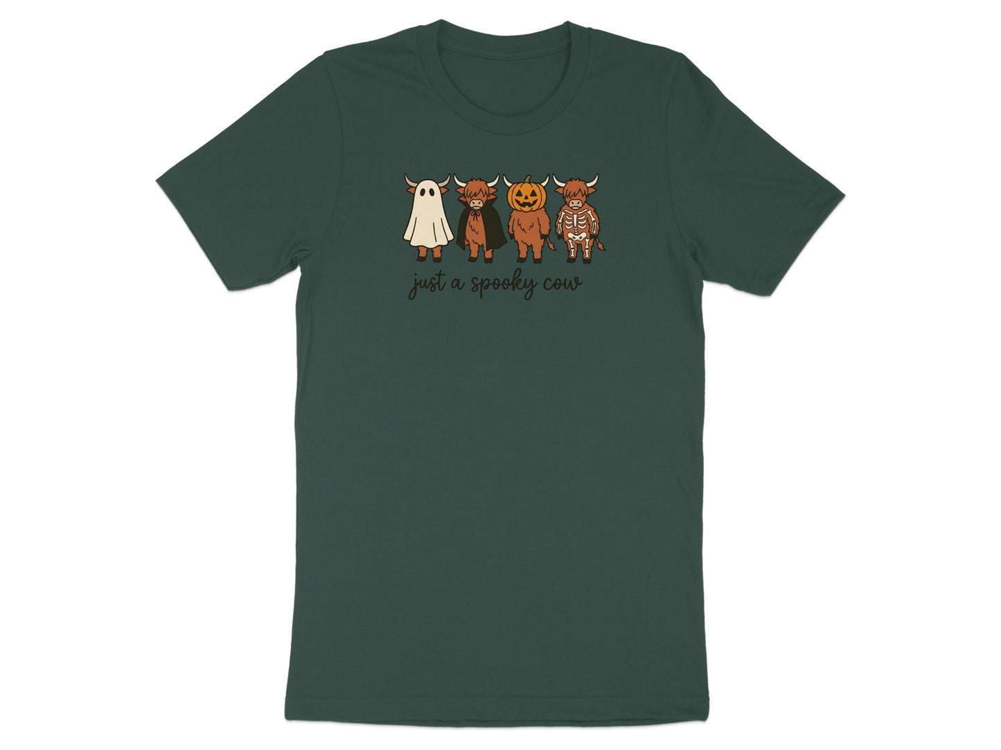 Four cartoon cows dressed for Halloween with text "just a spooky cow".