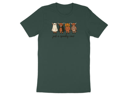Four cartoon cows dressed for Halloween with text "just a spooky cow".