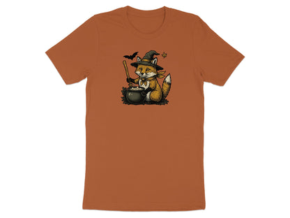 Fox in witch hat stirring cauldron with broom and bats on brown t-shirt.