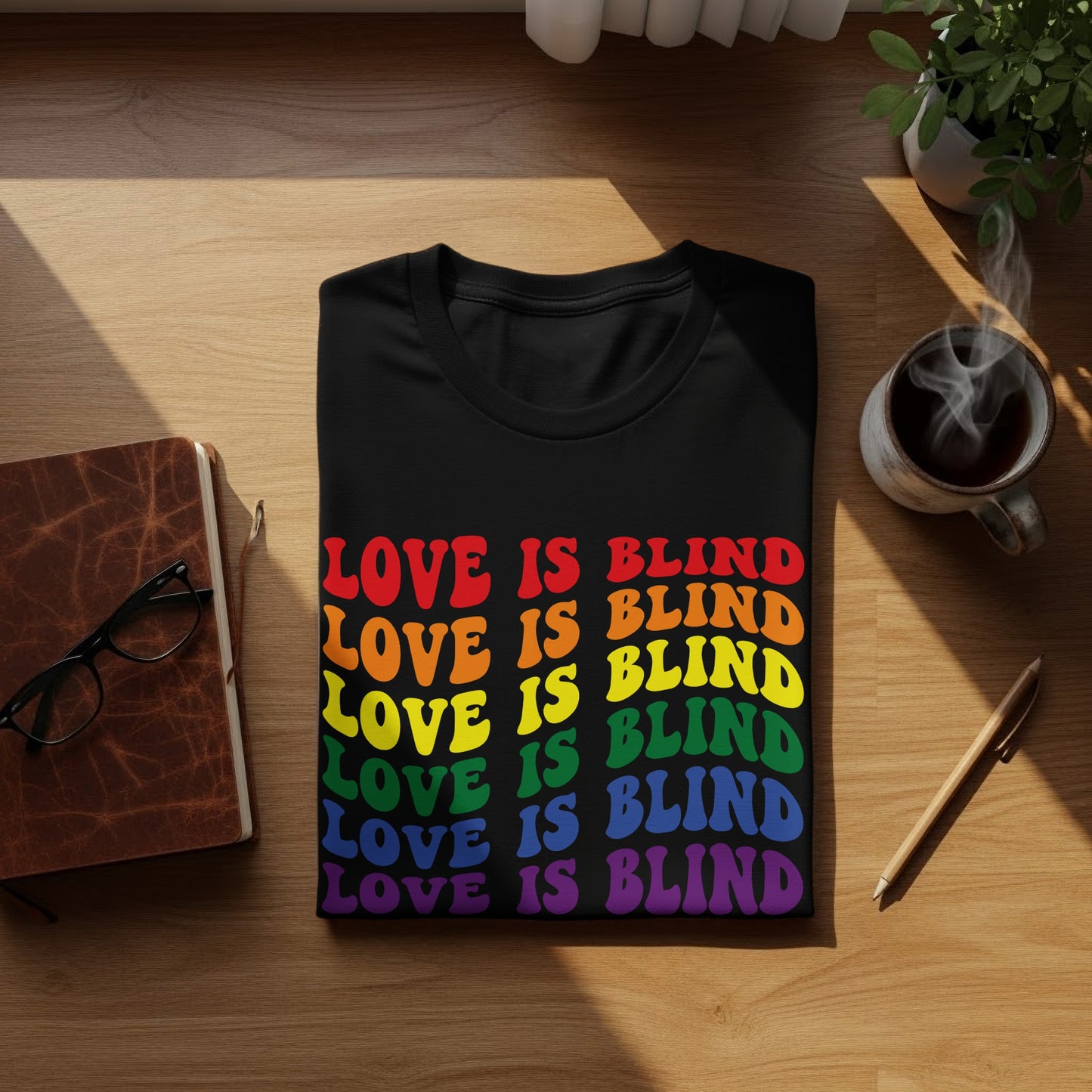 Black t-shirt with "LOVE IS BLIND" repeated in rainbow colors.