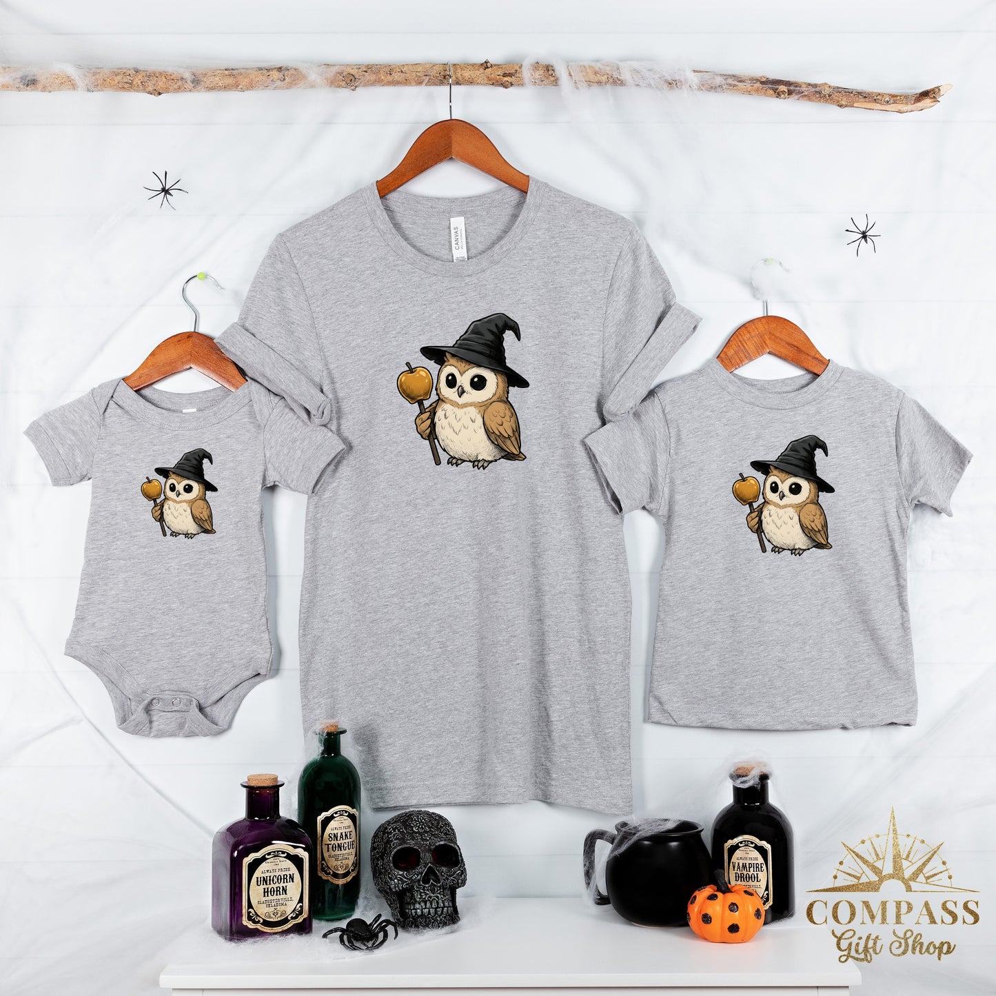 Grey graphic t-shirts and onesie with Halloween owl design and potions.