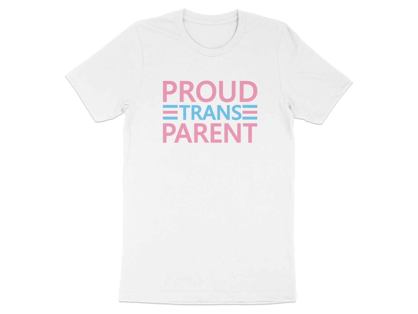 White t-shirt with "PROUD TRANS PARENT" in pink and blue stripes.