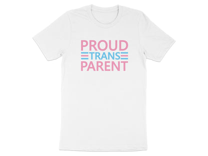 White t-shirt with "PROUD TRANS PARENT" in pink and blue stripes.
