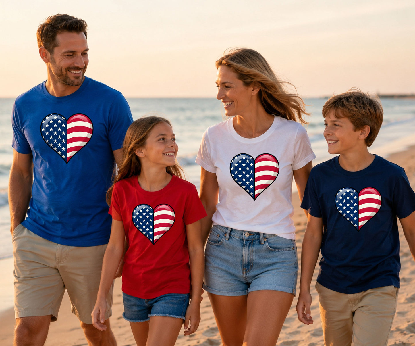 Family of four in matching heart flag shirts walking on beach.