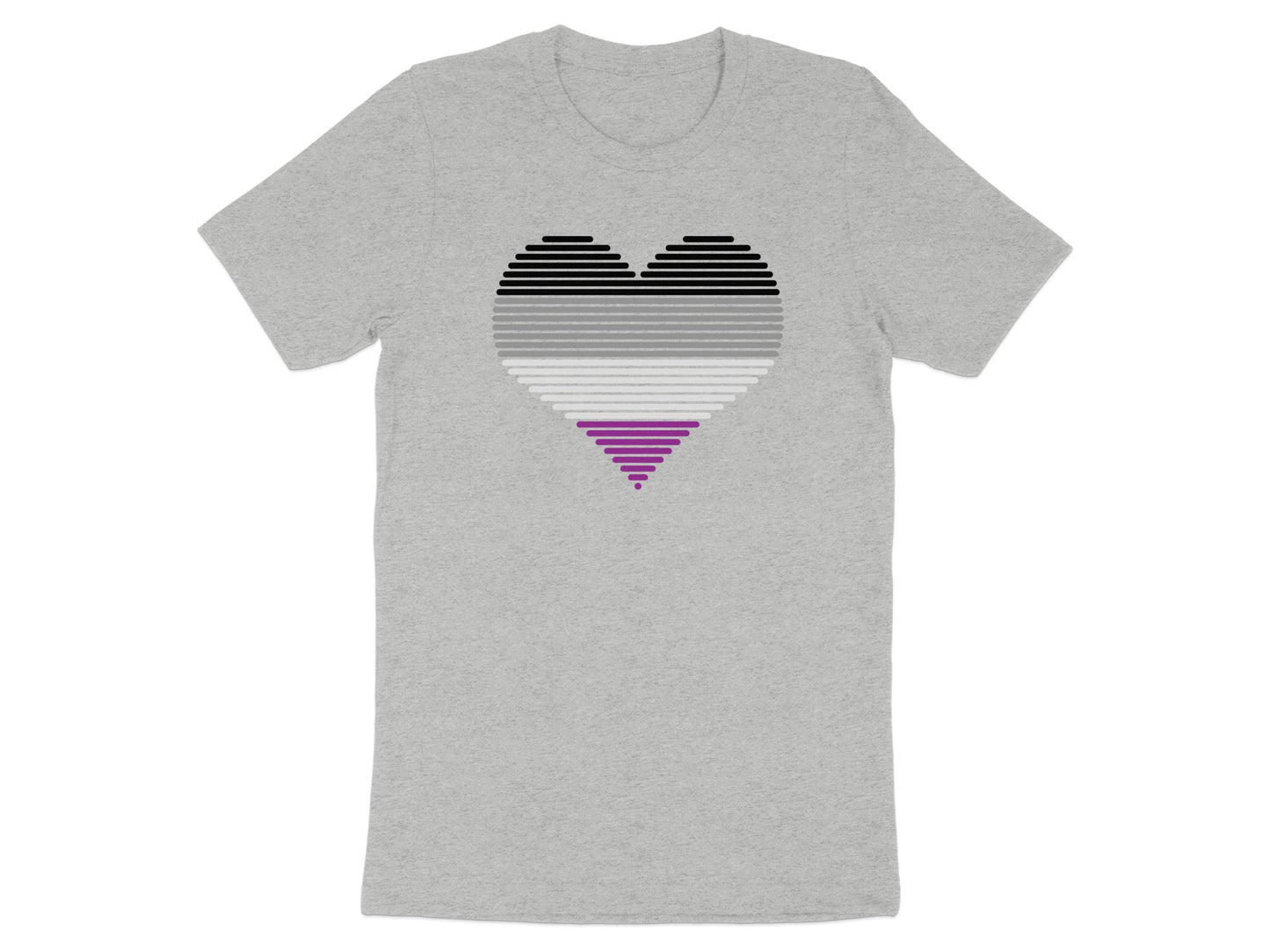 Grey t-shirt with a striped heart in asexual pride flag colors.