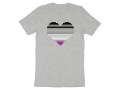 Grey t-shirt with a striped heart in asexual pride flag colors.