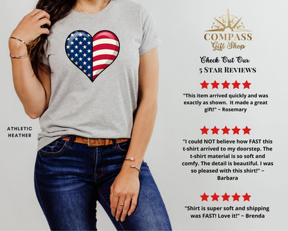 Heather gray t-shirt with American flag heart graphic and customer reviews.