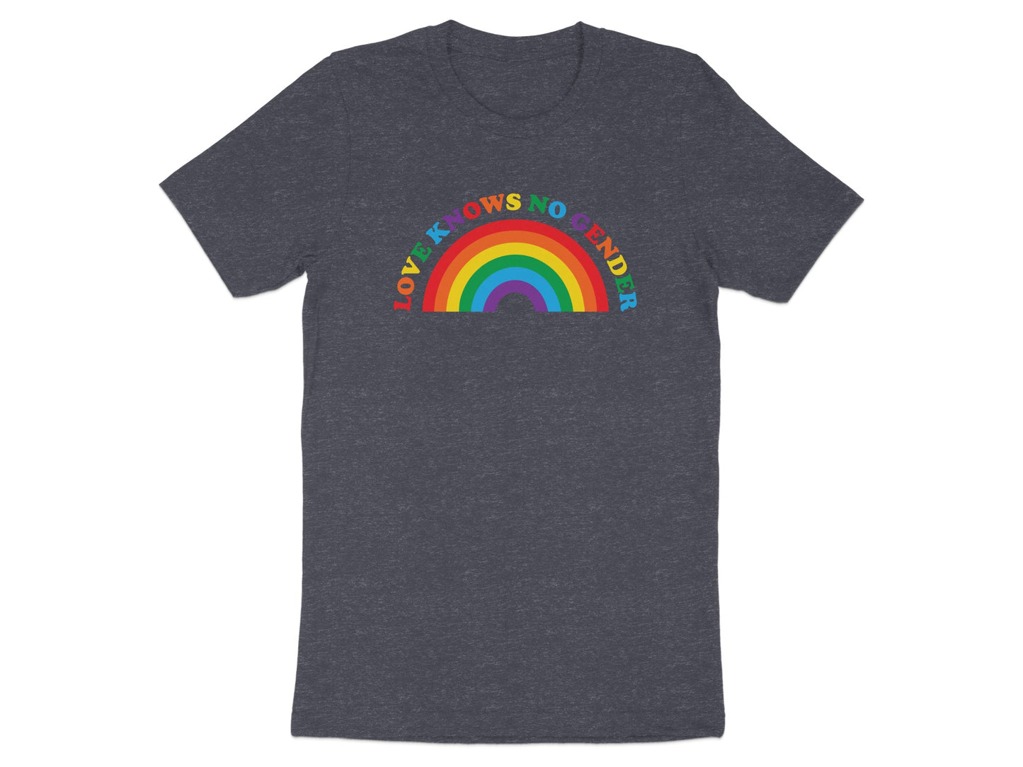 Dark t-shirt with rainbow text: "Love Knows No Gender."