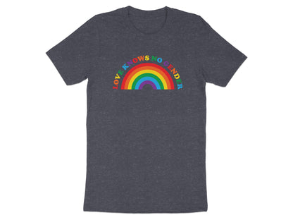 Dark t-shirt with rainbow text: "Love Knows No Gender."