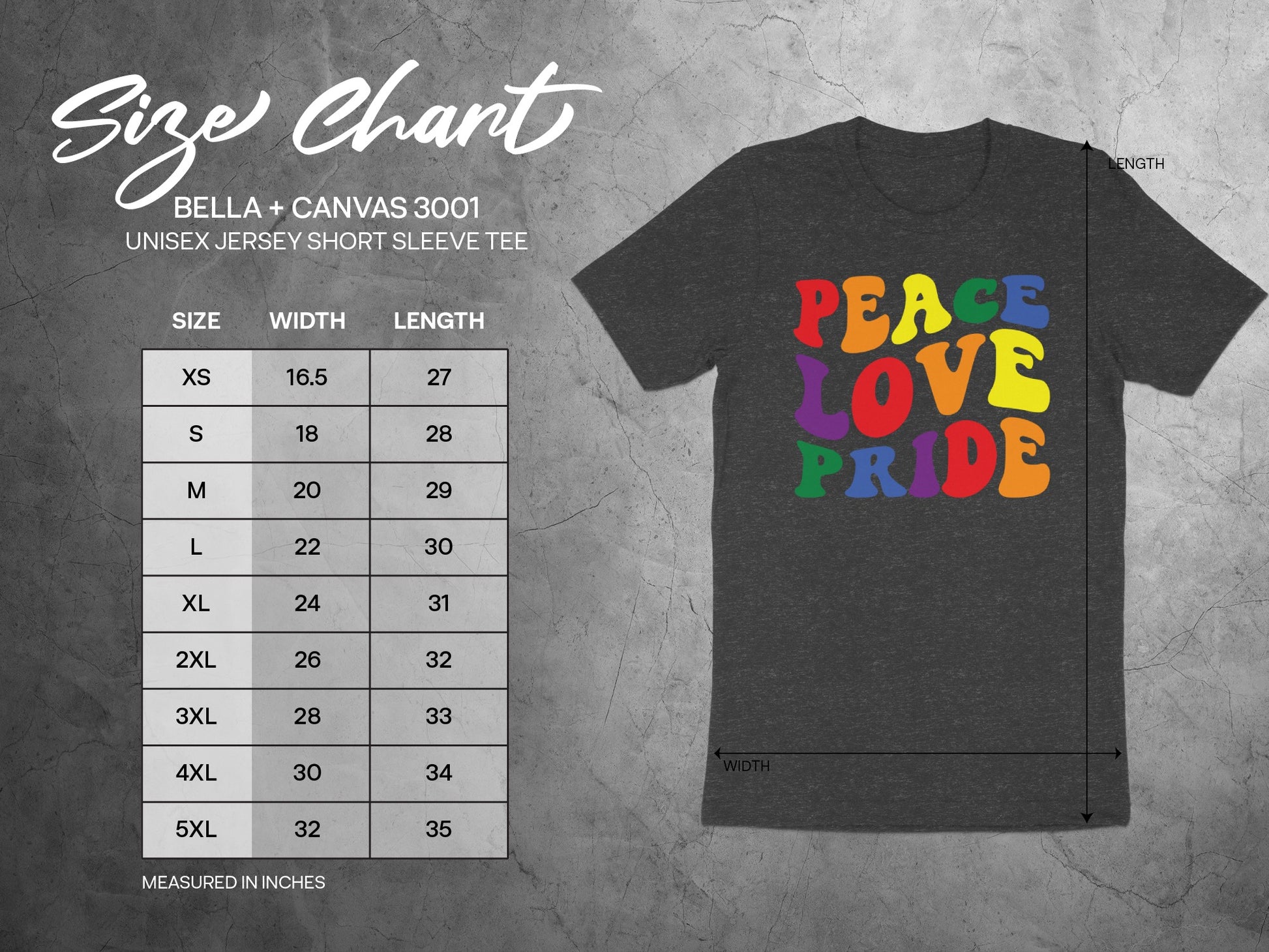 Unisex Bella+Canvas 3001 size chart with measurements for width and length.
