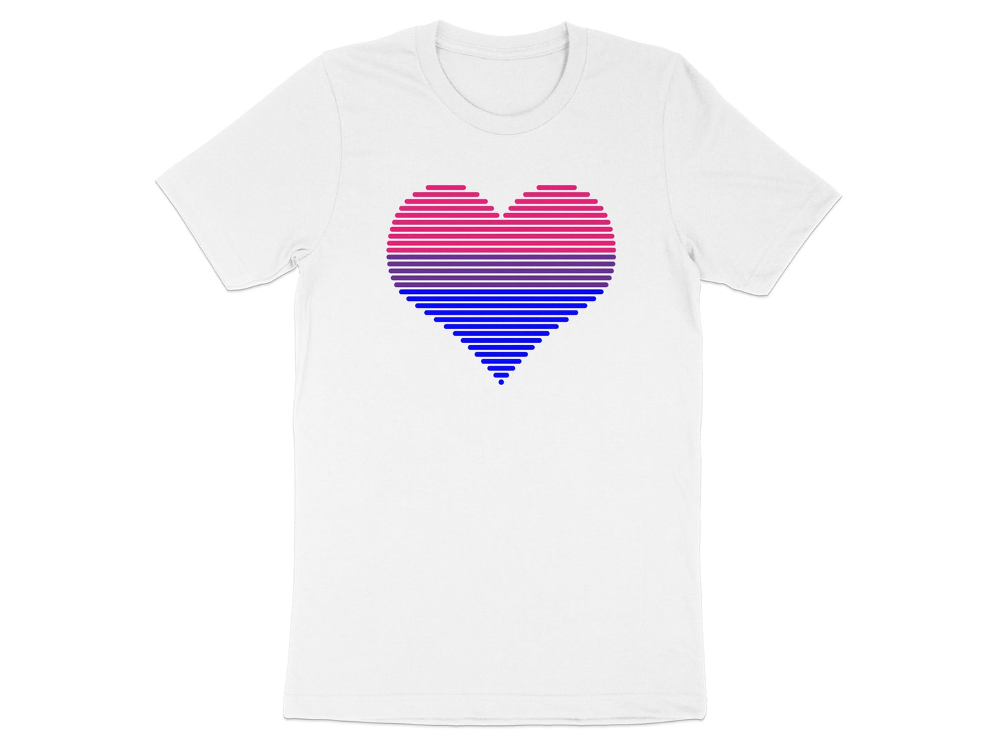 White t-shirt with a pink, purple, and blue striped heart graphic.