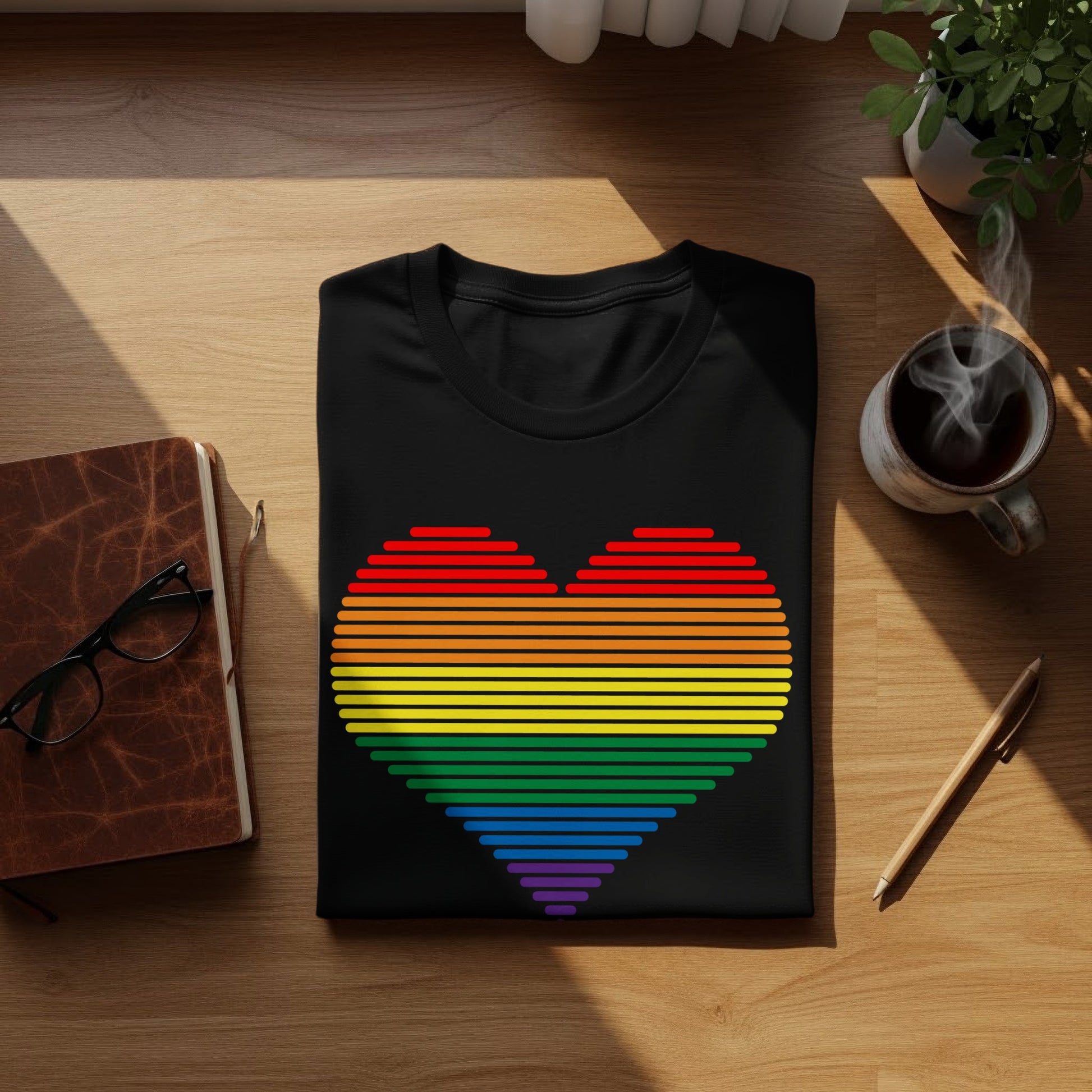 Black t-shirt with a rainbow striped heart graphic.