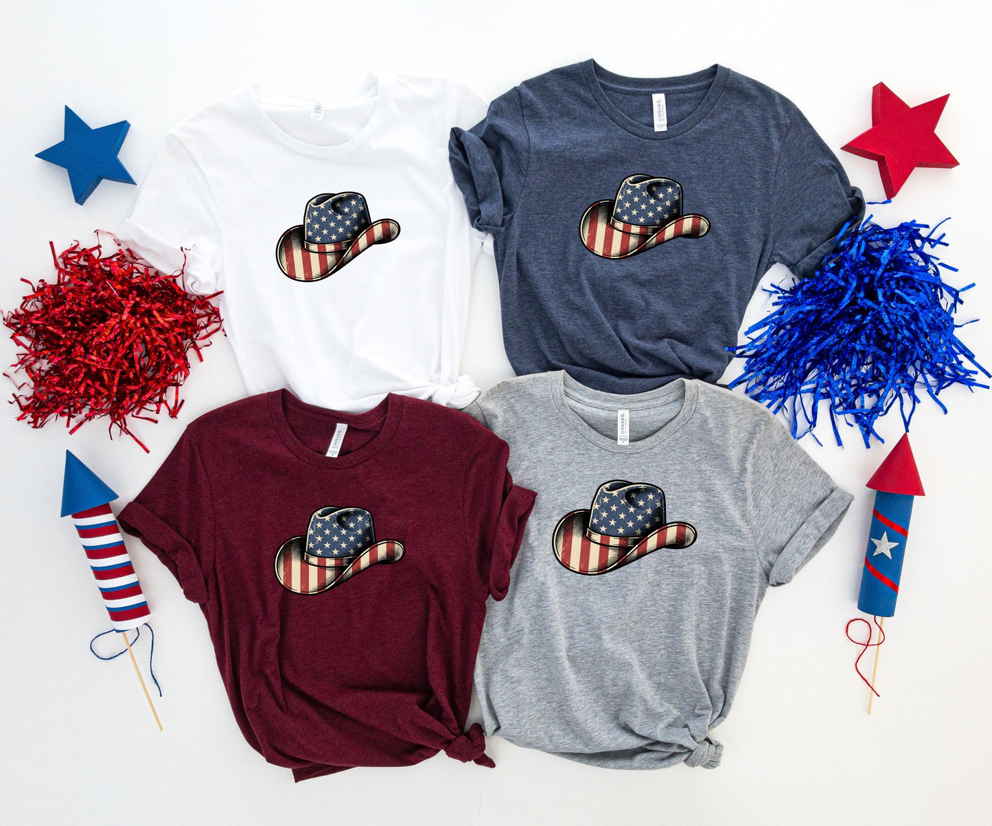 Four t-shirts featuring a patriotic cowboy hat design.