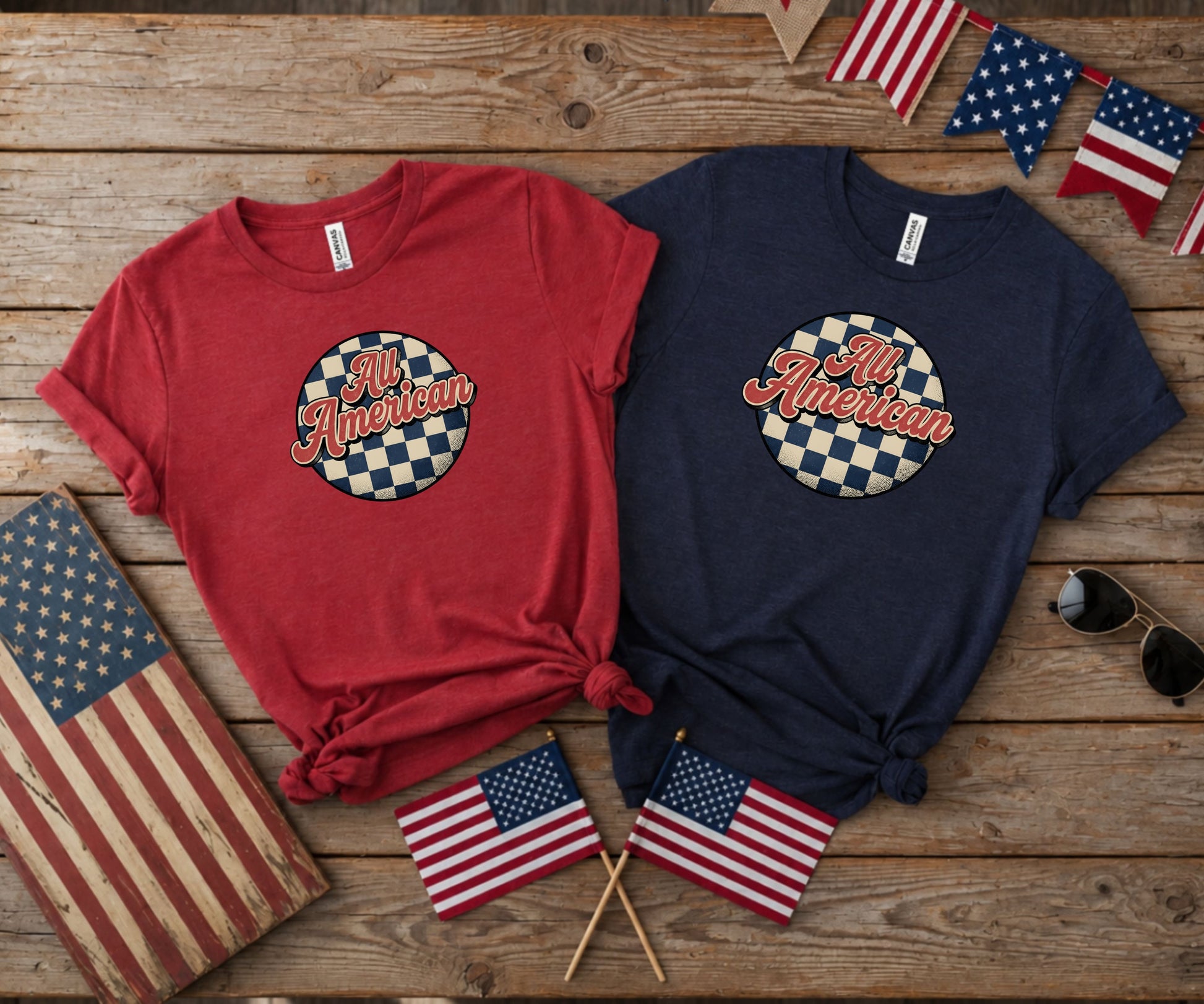 Red and navy t-shirts with "All American" checkered circle design.