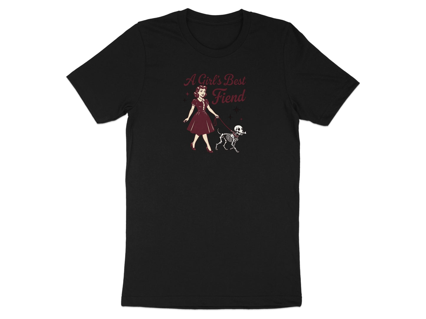 Black t-shirt with "A Girl's Best Fiend" text over woman walking skeleton dog.