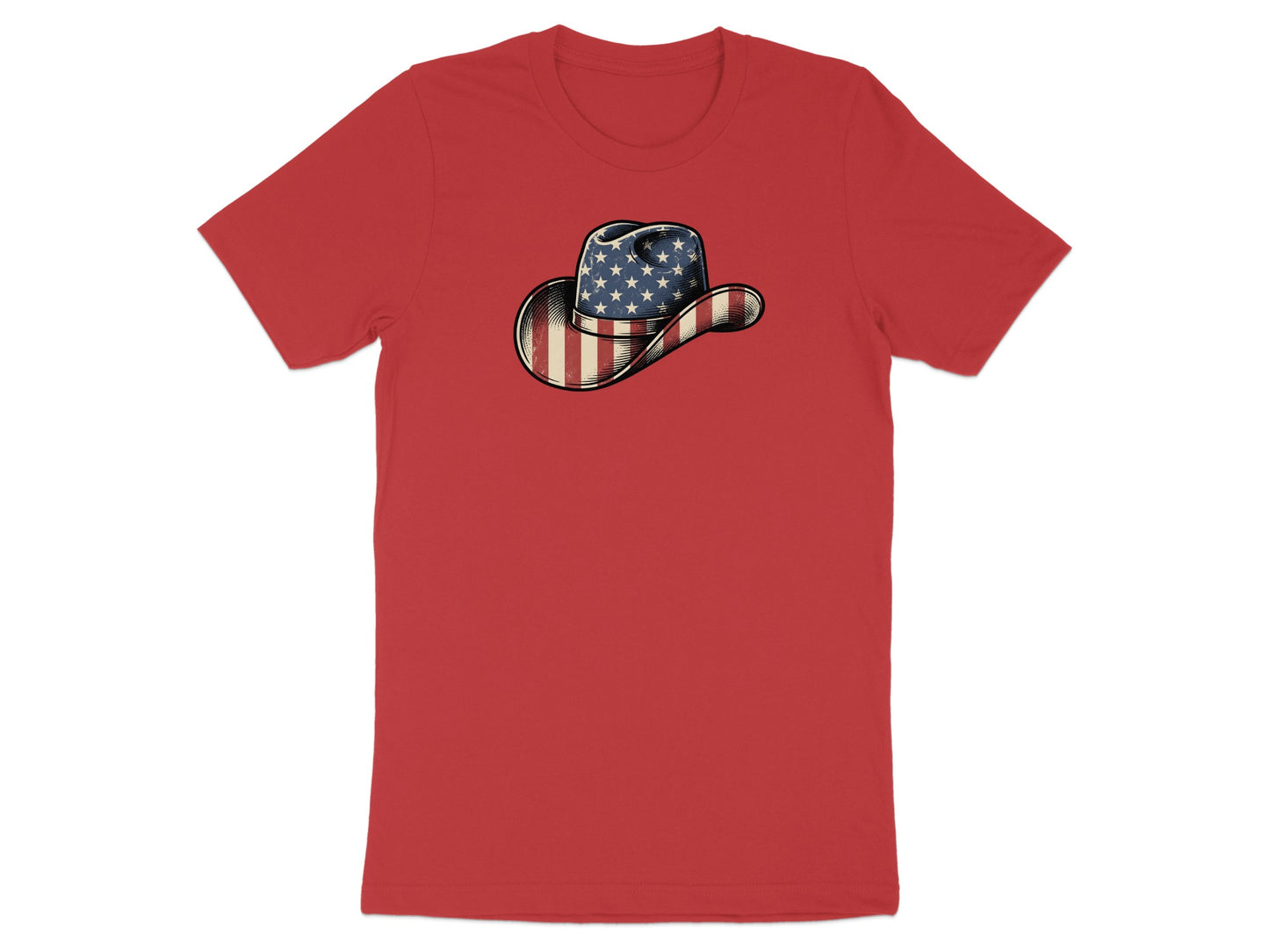 Red t-shirt with a cowboy hat featuring the American flag design.