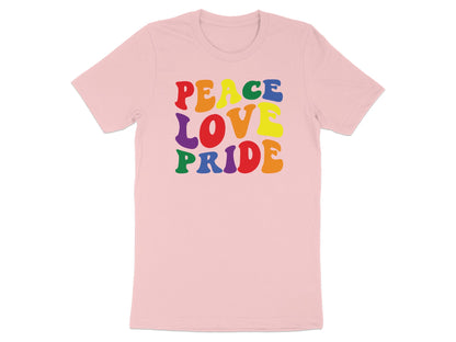 Pink t-shirt with "Peace Love Pride" in colorful rainbow lettering.