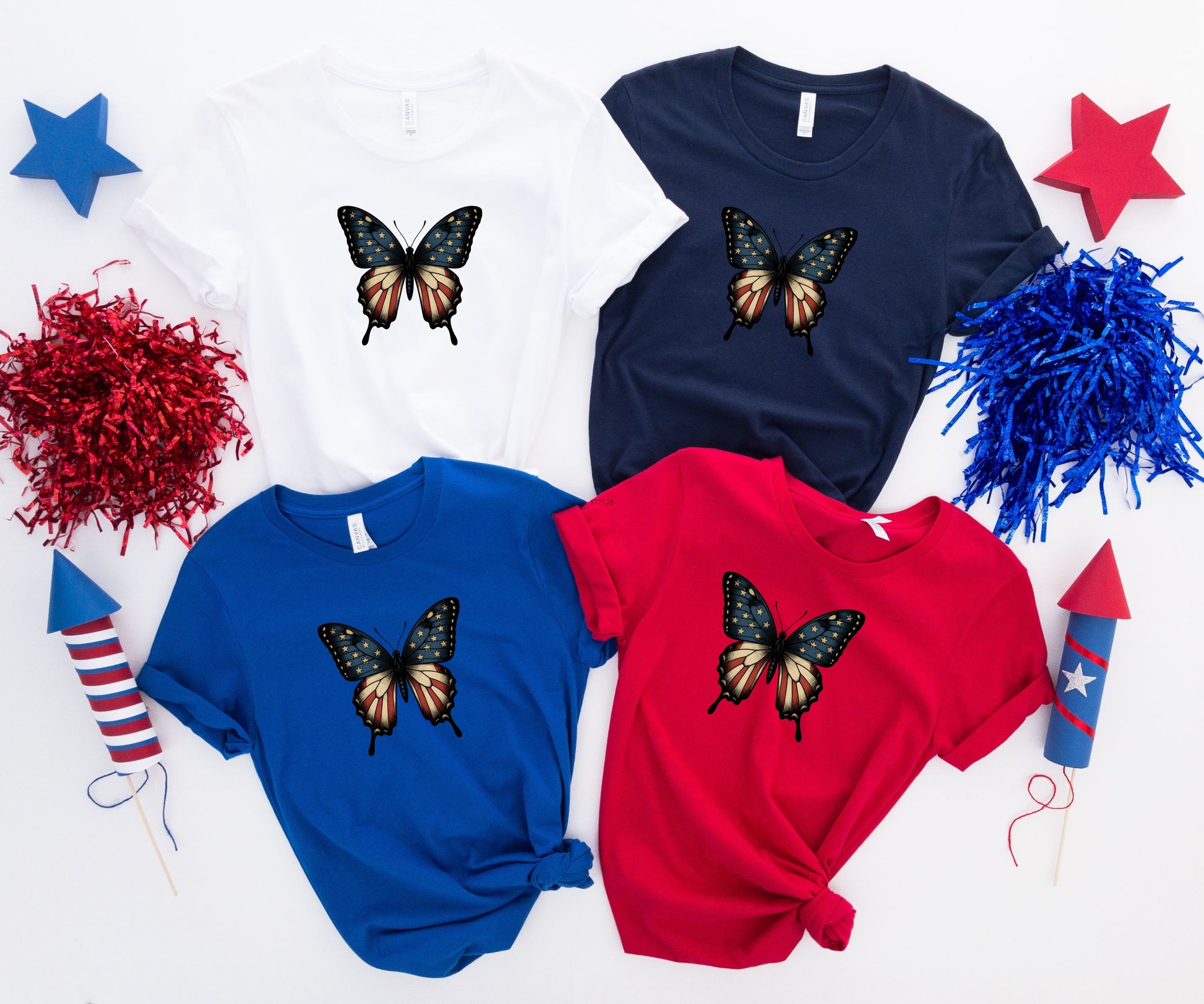 Four t-shirts with American flag butterfly graphic.