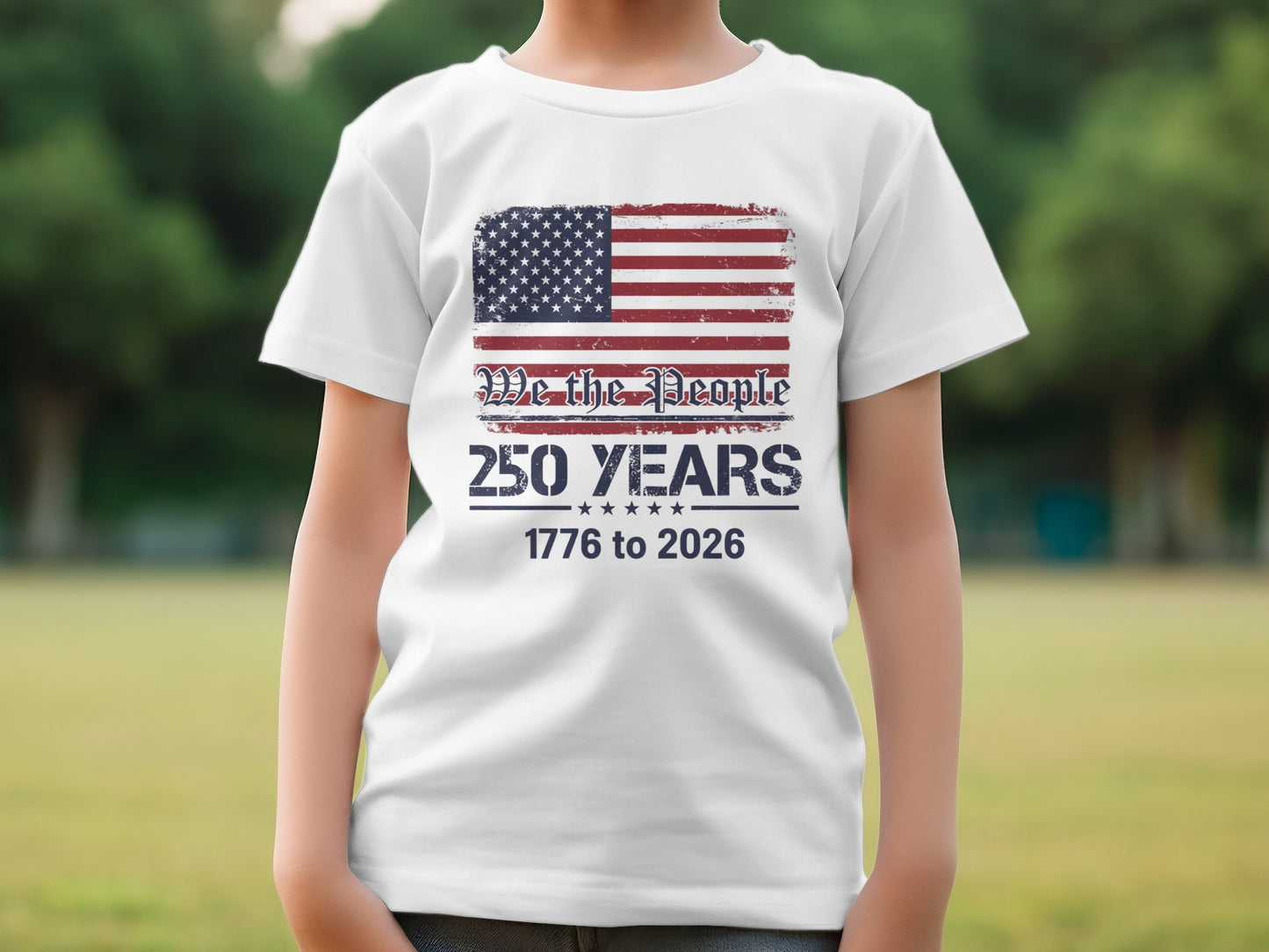 Child wearing white t-shirt with distressed American flag and "We The People 250 Years" text.