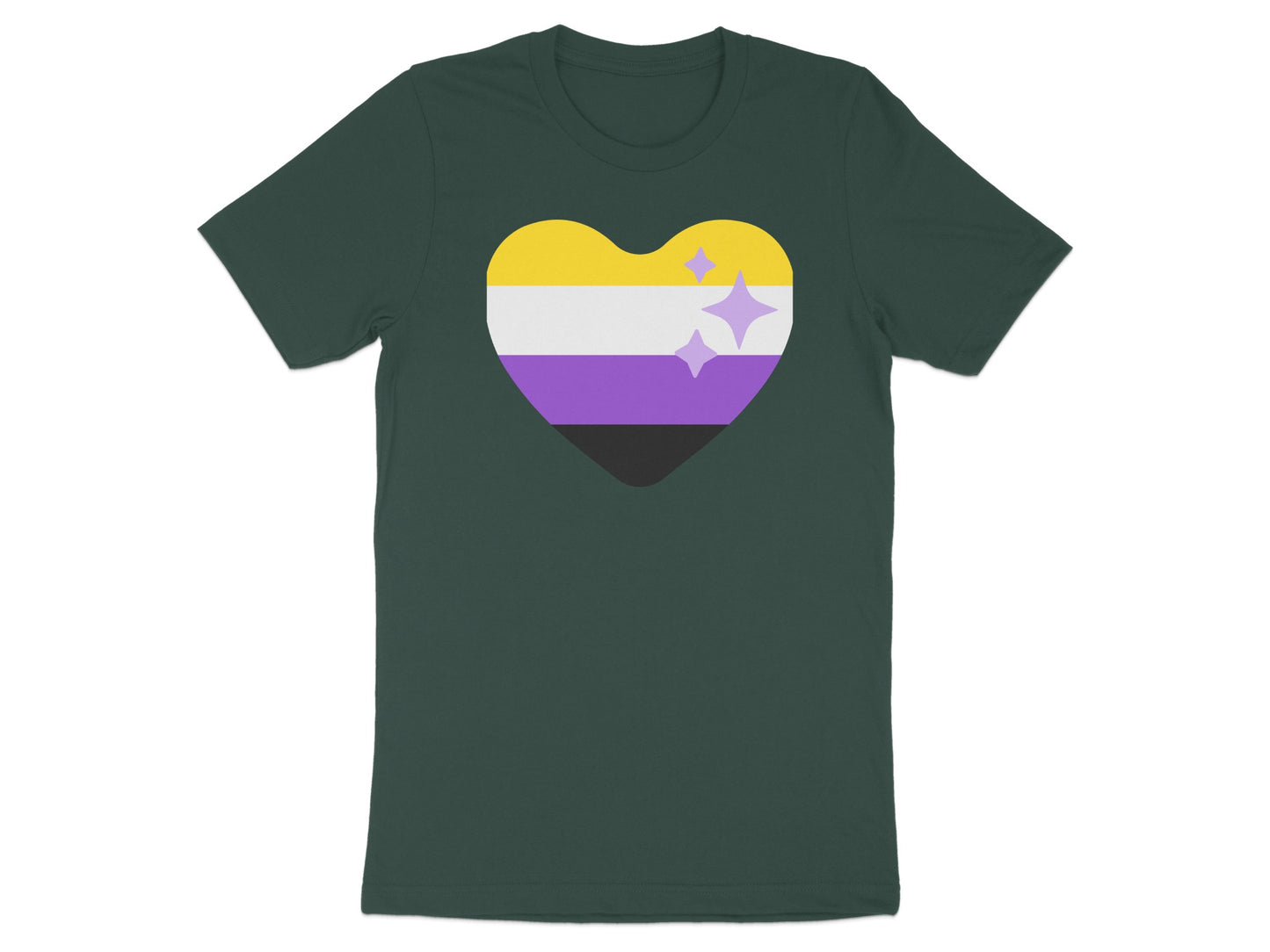 Dark green t-shirt with a non-binary pride flag heart graphic.