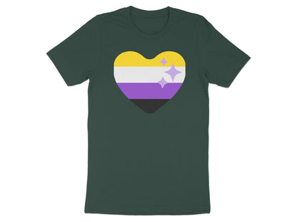 Dark green t-shirt with a non-binary pride flag heart graphic.