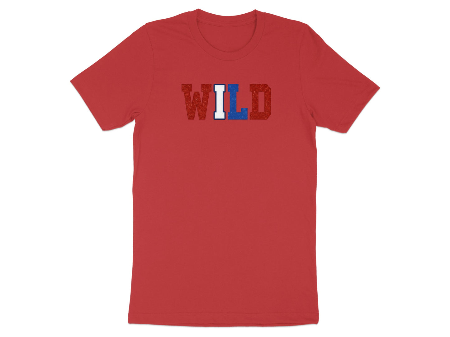 Red t-shirt with "WILD" in glittery white, blue, and red letters.