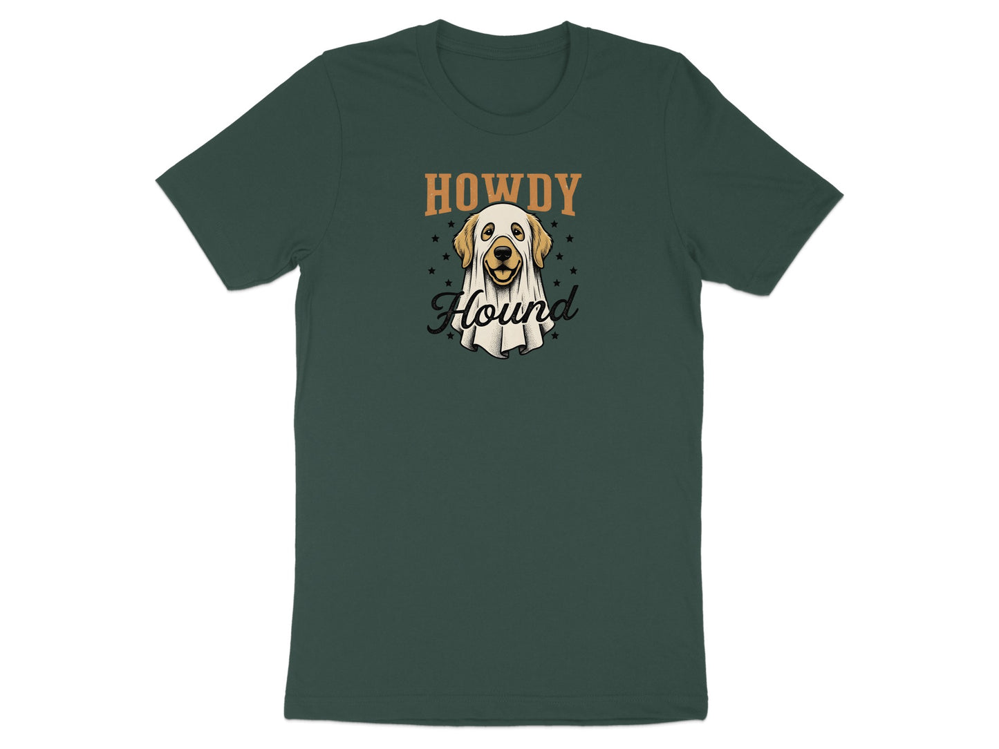 Green t-shirt with a dog wearing a ghost costume and "Howdy Hound" text.