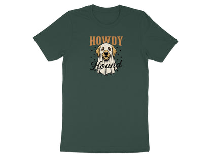 Green t-shirt with a dog wearing a ghost costume and "Howdy Hound" text.