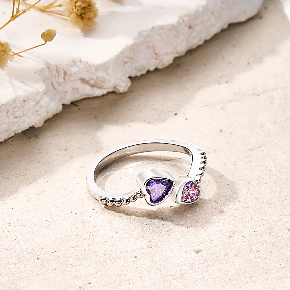 Heart-Shaped Adjustable Ring with Two Personalized Birthstones