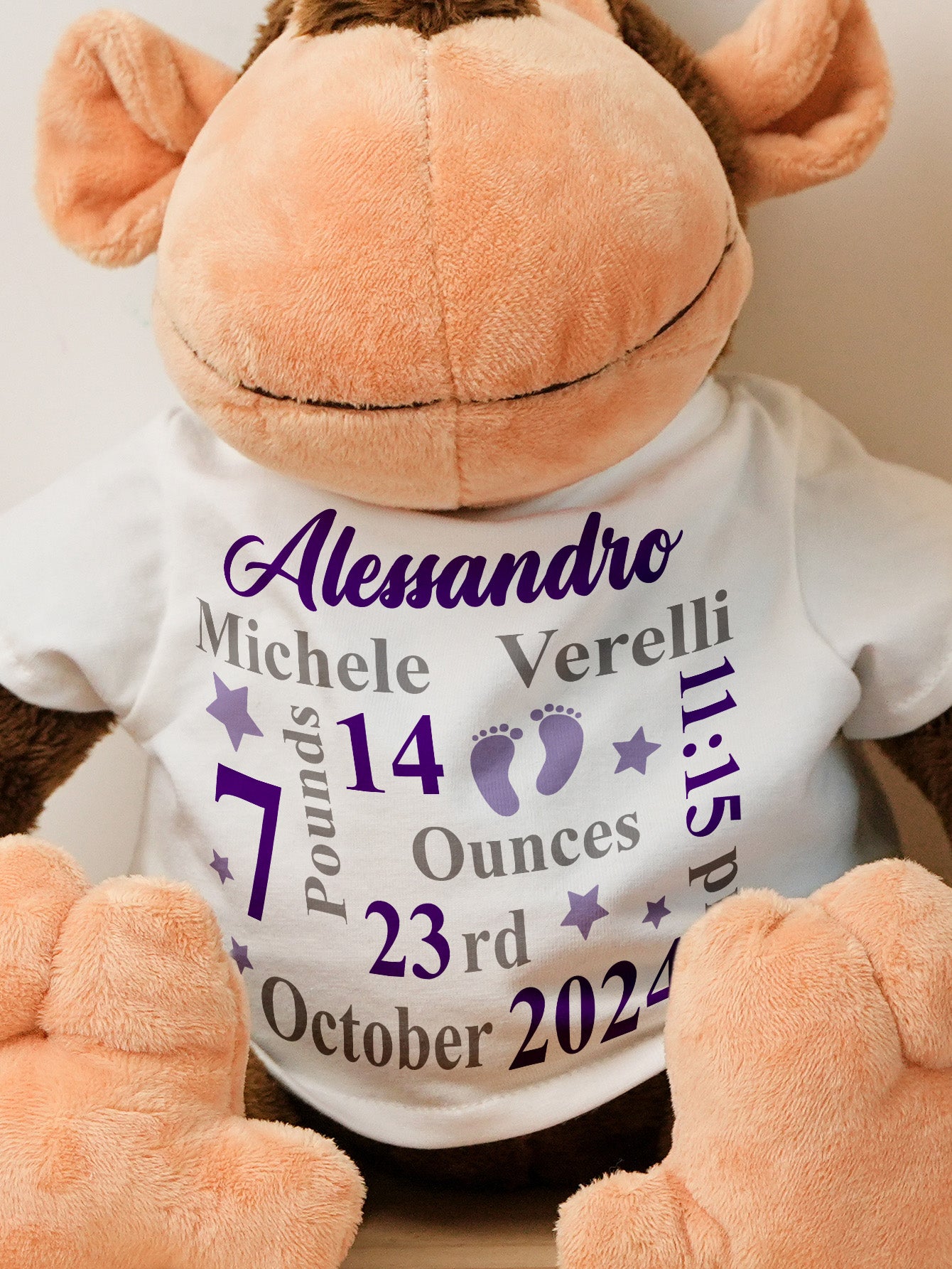 Personalized Animal Plush Stuffed Toy with Birth Announcement, Photo, Name or Custom Text