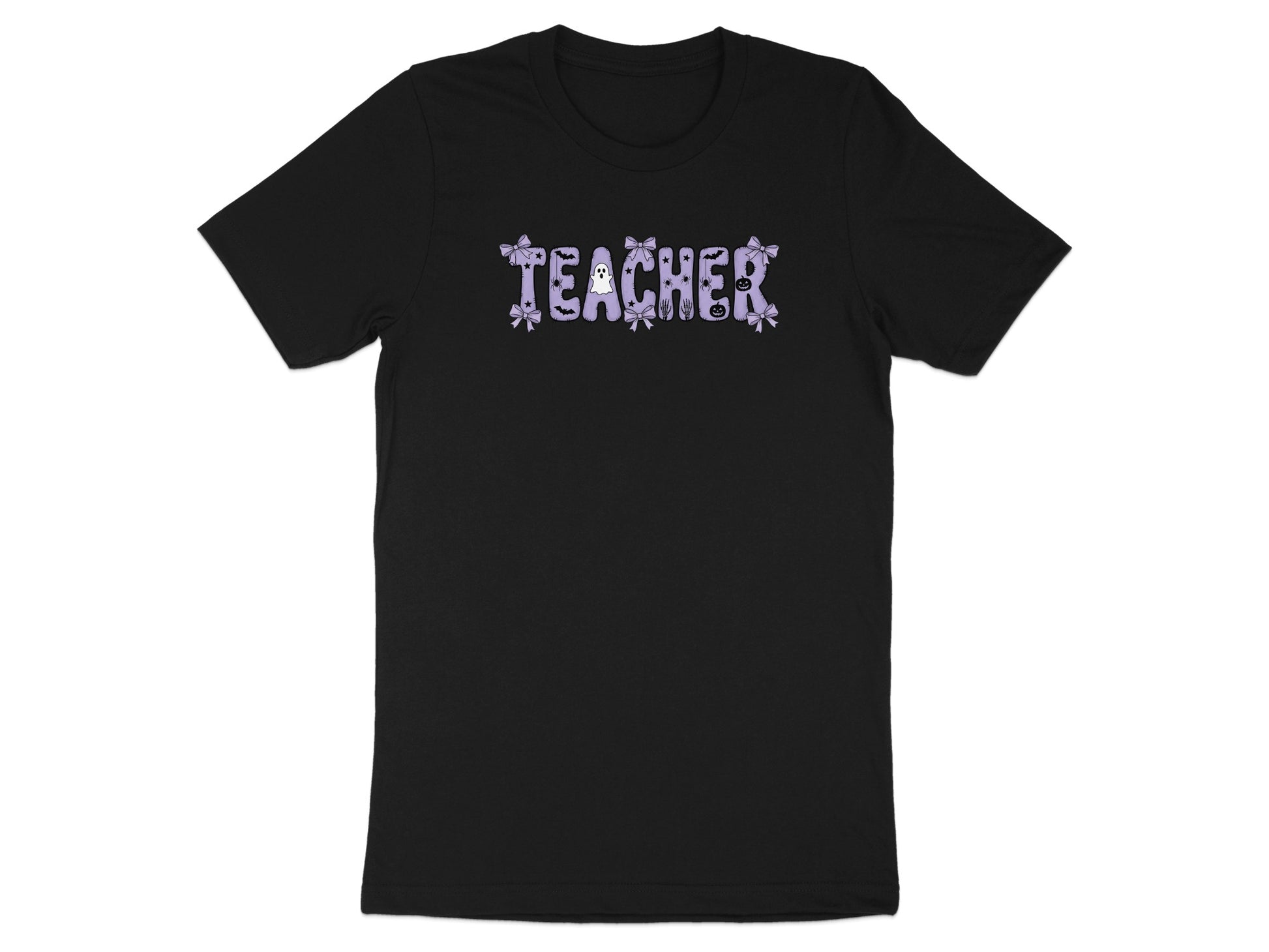 Black t-shirt with "TEACHER" in purple lettering with Halloween-themed embellishments.