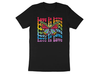 Black t-shirt with colorful butterfly and "Love Is Love" text.
