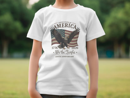 White t-shirt with American flag eagle graphic and "250th Anniversary" text.