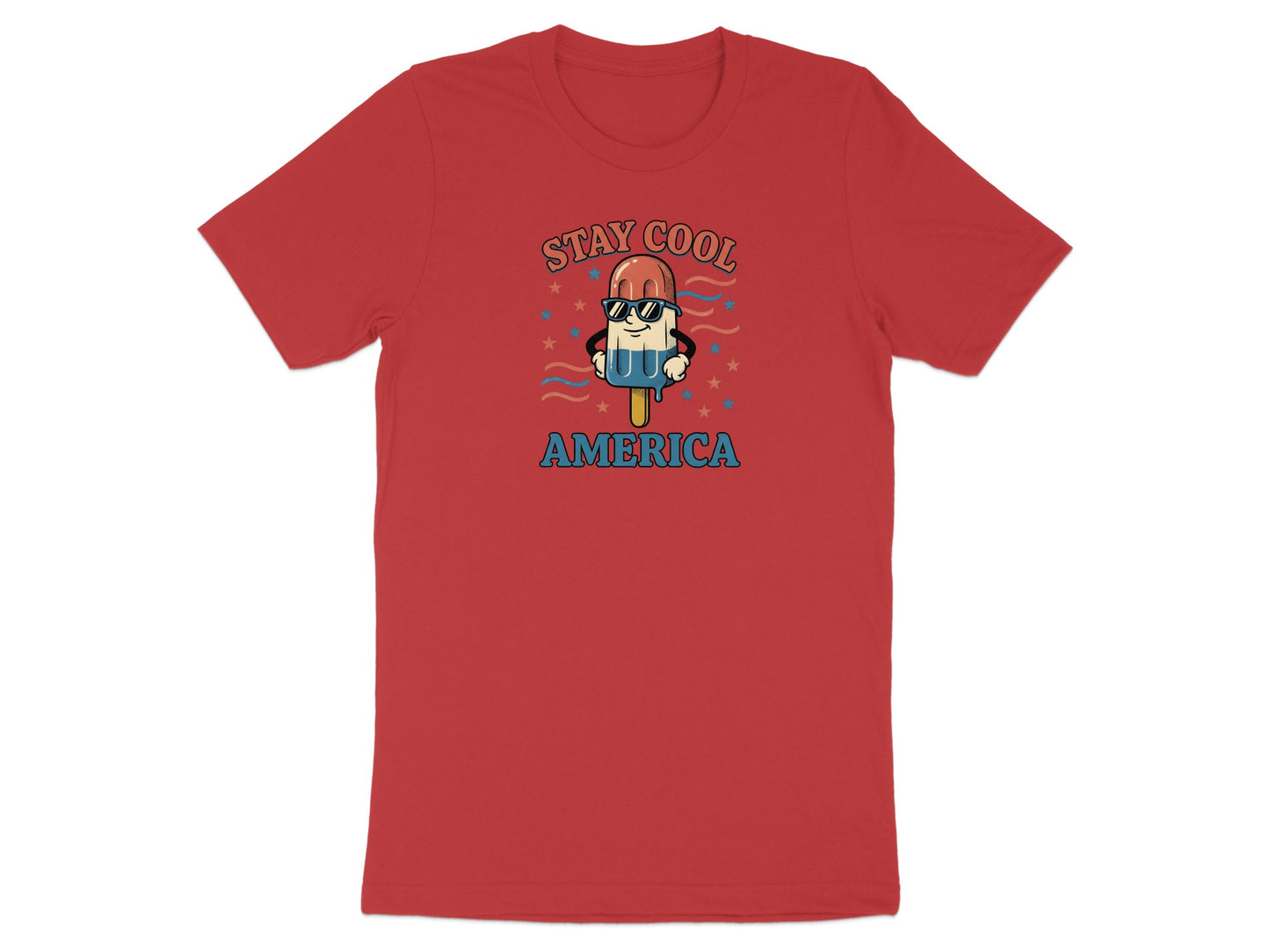 Red t-shirt with cartoon popsicle saying "Stay Cool America".