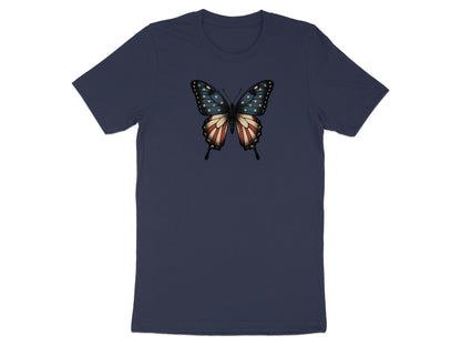 Navy blue t-shirt with a butterfly graphic featuring the American flag design.