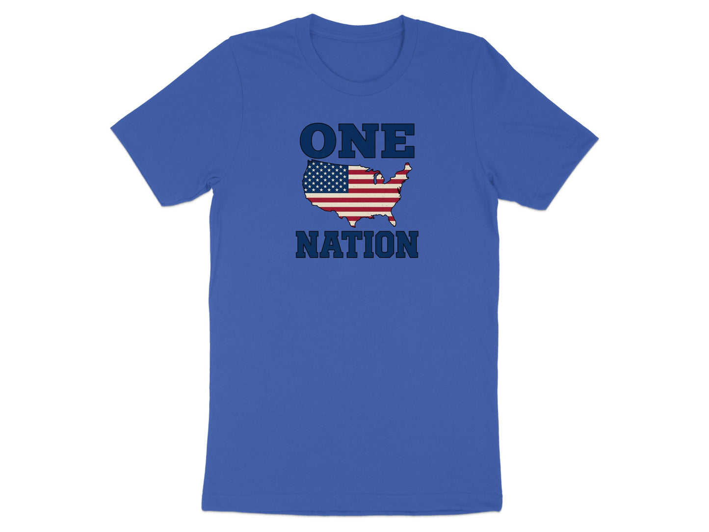 Blue t-shirt with "ONE NATION" text superimposed over a USA map with flag.