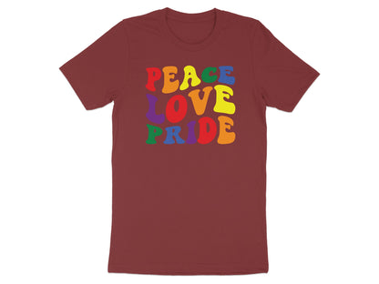 Maroon t-shirt with "PEACE LOVE PRIDE" in rainbow bubble letters.