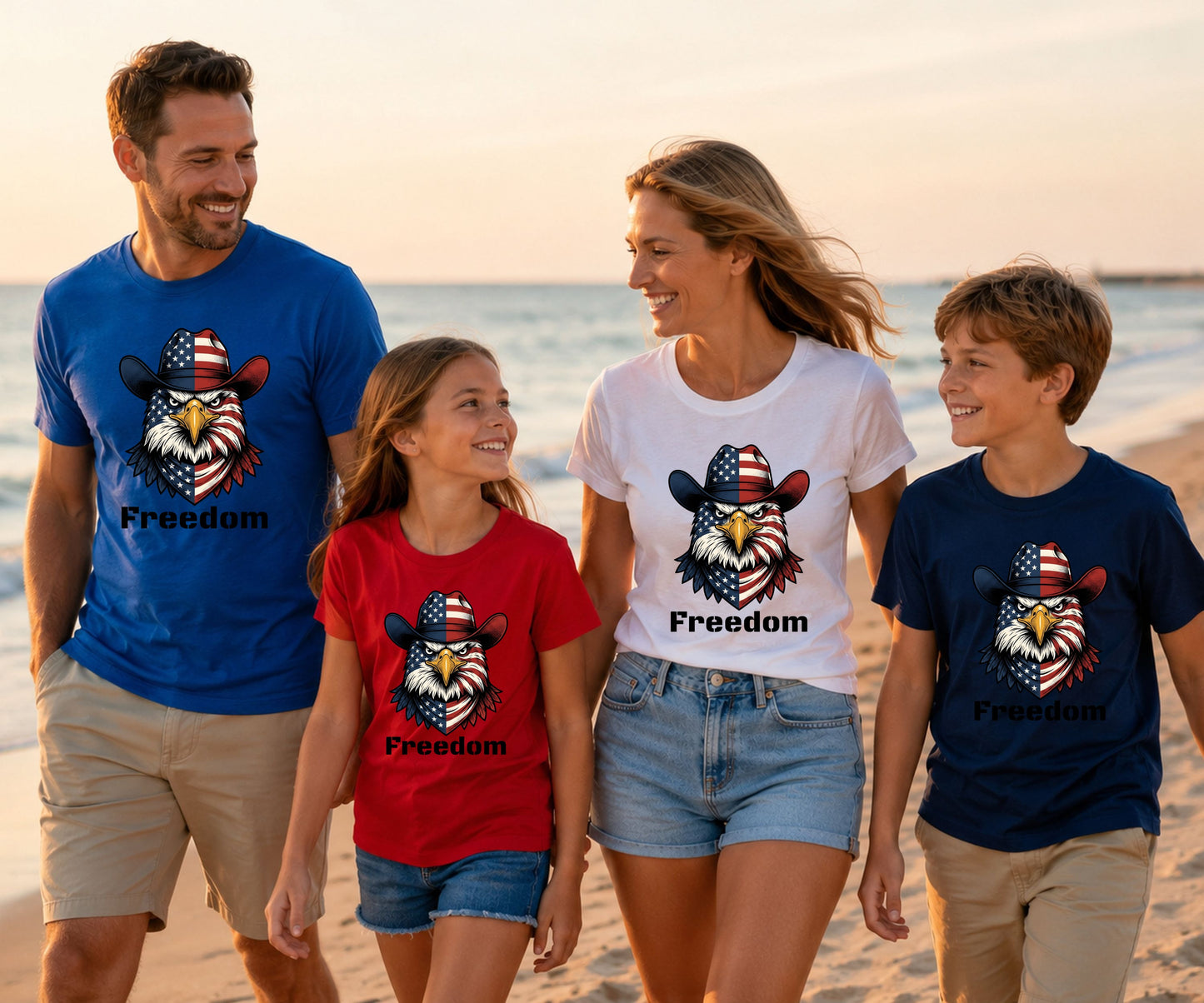 Family on beach wearing patriotic t-shirts with eagle and flag design.