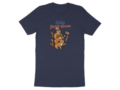 Two cartoon cats in patriotic hats with fireworks, on a navy t-shirt with "Kitty Boom Boom" text.