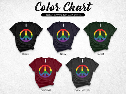 Five t-shirts with rainbow peace signs in Black, Navy, Forest, Cardinal, and Dark Heather.